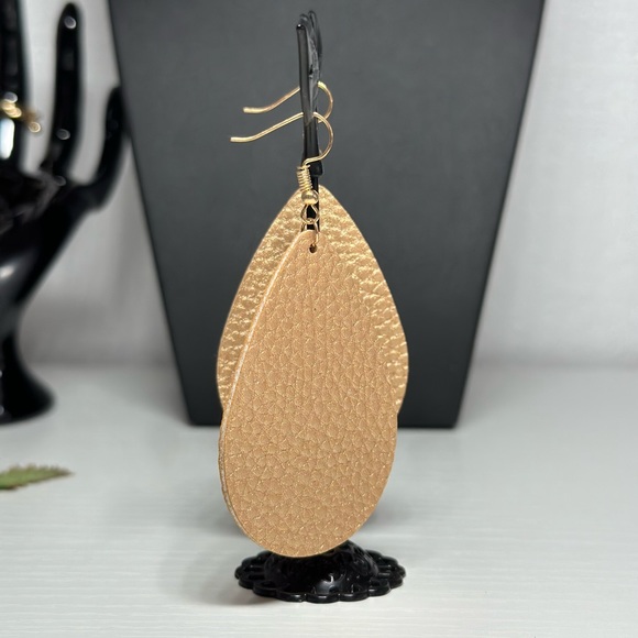 GOLD Faux Leather Earrings Tear Drop Design - Picture 2 of 6